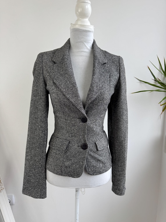Grey Tweed Blazer for Women Size EUR 34 XXS, Vintage 90s Wool Silk Blend Blazer, Two Button Minimalist Cropped Coat, Slim Fit Autumn Jacket