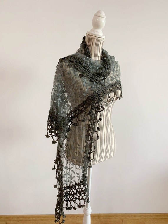 Sheer Art Deco Silver Grey Lace Scarf for Women, Embroidered Leaves Venice Lace Crochet Shawl, Retro Oblong See Through Mesh Hair Scarf