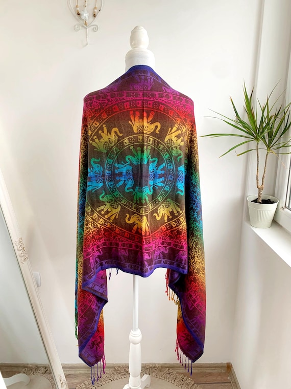 100% Cashmere Rainbow Elephant Pashmina Shawl, Colorful Boho Festival Stole, Mandala Hippie Wrap, Oversized Tribal Blanket Scarf, Yoga Gift