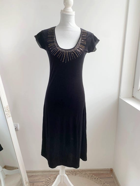 Vintage Lindex Black Velvet Dress Size S, 90s Beaded Neckline Midi Gown, Gatsby Art Deco Cocktail Party Dress, Cap Sleeve Stretch Sheath