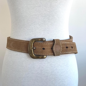 Camel Brown Suede Leather Belt for Women by Diesel Size Small, Tooled Leather Boho Belt with Solid Brass Buckle