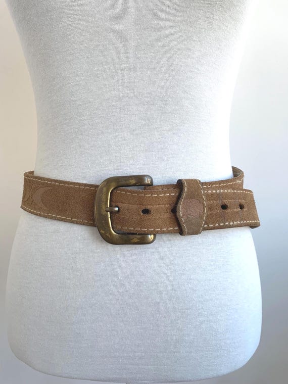 Camel Brown Suede Leather Belt for Women by Diesel Size Small, Tooled Leather Boho Belt with Solid Brass Buckle