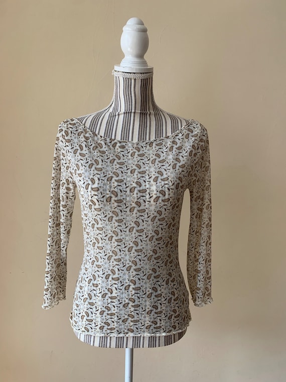 Vintage Y2K Sheer Blouse Size L, Beige Brown Mesh Overlay Top, Boat Neck Paisley Print Blouse for Women,  3/4 Sleeve See Through Shirt