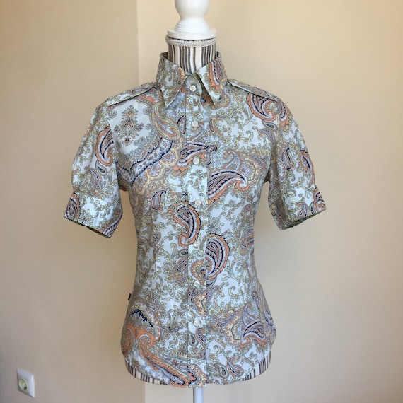 80s Short Sleeve Dress Shirt for Women, Puff Sleeve Cotton Summer Shirt Size S, Paisley Print Floral Vintage Button Down Retro Shirt