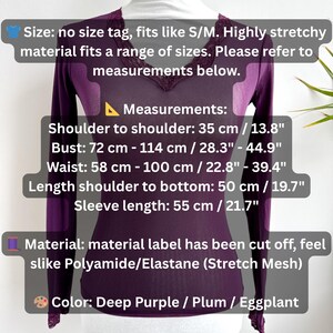 May include: Deep purple long-sleeve top with lace trim. The top is made of a stretchy mesh material. Measurements include: shoulder to shoulder 13.8", bust 28.3"-44.9", waist 22.8"-39.4", length 19.7", and sleeve length 21.7".