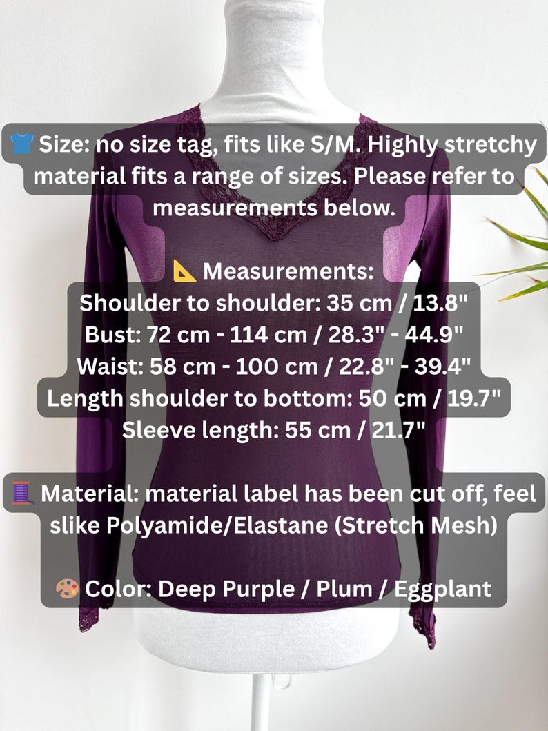 May include: Deep purple long-sleeve top with lace trim. The top is made of a stretchy mesh material. Measurements include: shoulder to shoulder 13.8", bust 28.3"-44.9", waist 22.8"-39.4", length 19.7", and sleeve length 21.7".
