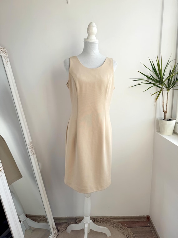 Vintage Joseph Ribkoff Beige Sheath Dress, 90s Minimalist Sleeveless Midi Dress, Canadian Designer Neutral Cocktail Dress Size US 12 UK 14 L