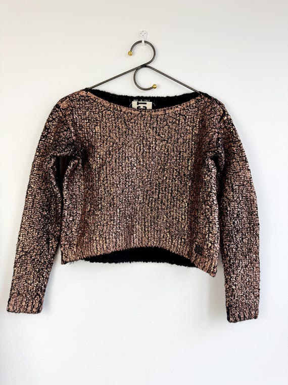 Vintage Italian Metallic Gold Knit Crop Sweater, Shimmering Black Alpaca Wool Blend Pullover, Avant Garde Party Jumper Made in Italy Size S