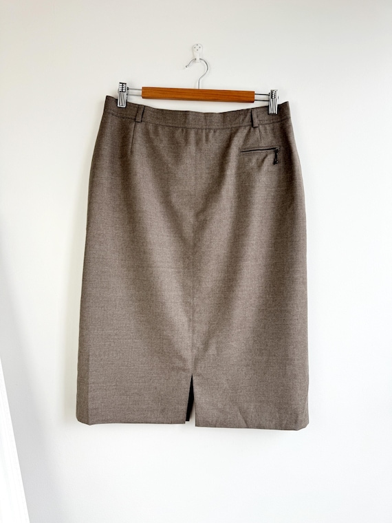 Vintage 100% Virgin Wool Skirt by Delmod Size L, 90s Minimalist Taupe Grey Pencil Skirt, High Waist Midi Skirt, Y2K Academia Office Wear