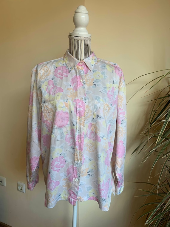 Floral Button Up Shirt for Women Size L XL, Vintage 80s Loose Fit Long Sleeve Collared Shirt, Plus Size Blouse, Pastel Color Retro Top