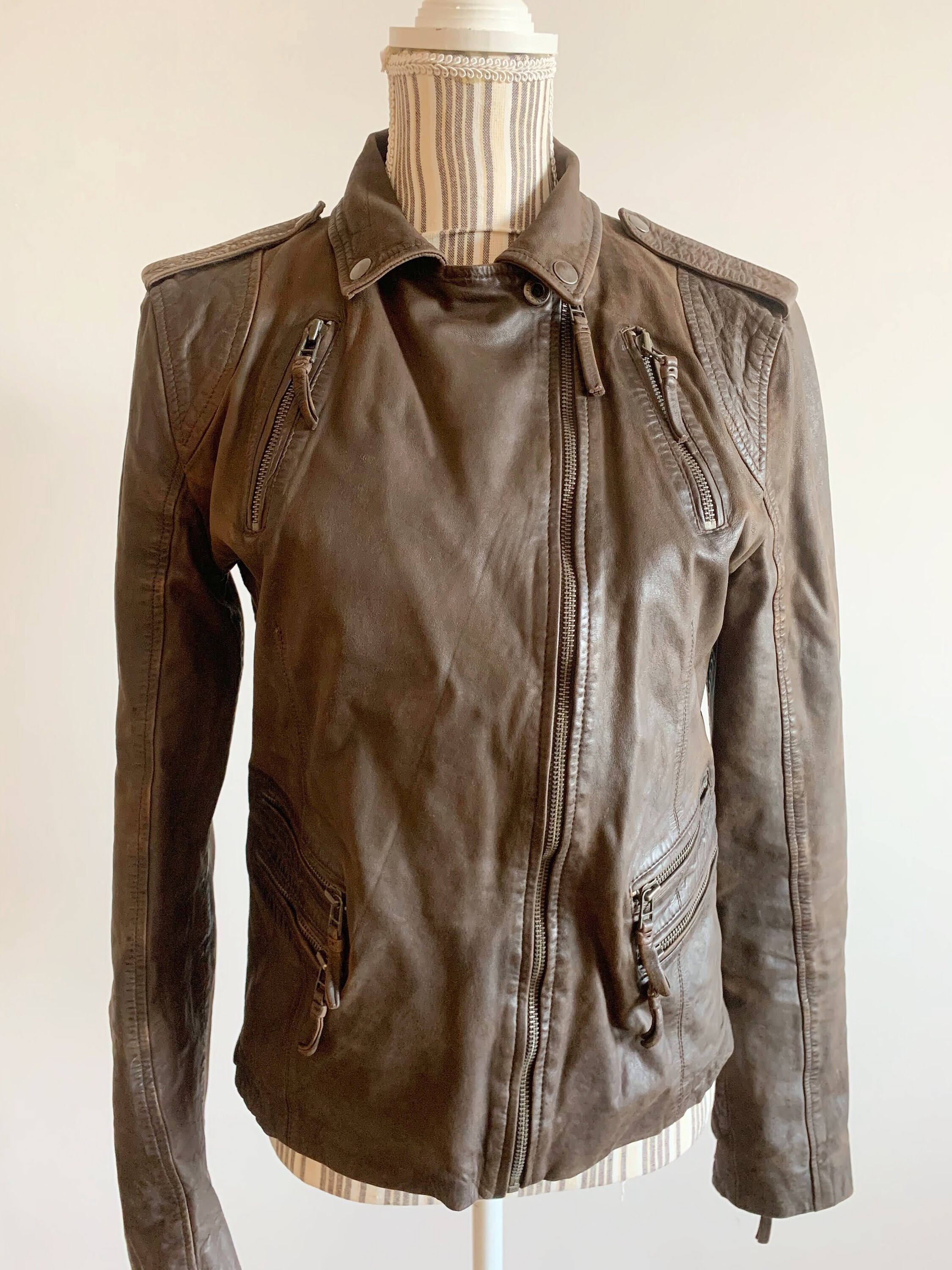 ジャケットその他 NOT4NERD Crop Leather Vintage Hooded Jacket Brown JKBY075BR Vintage Y2K Women's Real Leather Jacket Size 40 M, Taupe