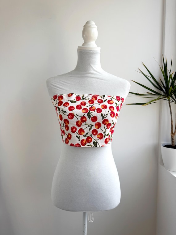 Y2K Cherry Print Bandeau Crop Top, Vintage Italian Tie Back Bustier Top, Strapless Tube Top White Red Fruit Pattern Made in Italy Size S