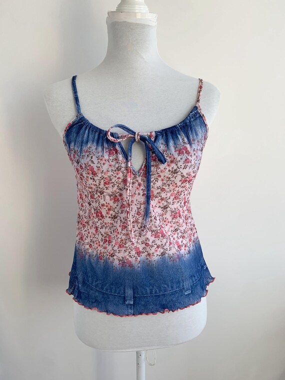 Y2K Vintage Pink Floral Denim Print Cami Top Size L, Fairycore Coquette Cottagecore Drawstring Spaghetti Strap 90s Grunge Summer Tank Top