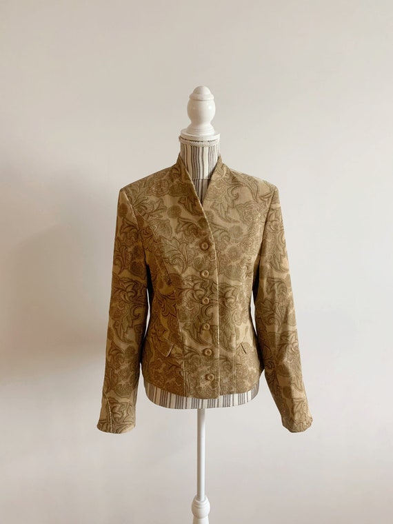 Vintage 90s Beige Graphic Corduroy Blazer for Women Size M, Paisley Floral Print Velvet Coat, Nude Sage Green Brown Bohemian Spring Jacket