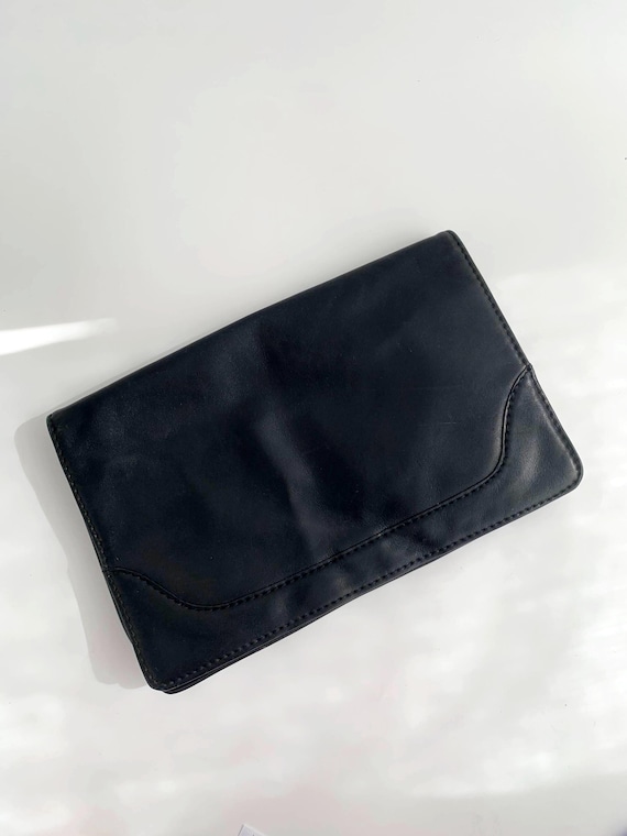 Vintage 80s Black Envelope Purse, Classic Clutch Purse, Real Leather Clutch Bag, Genuine Leather Slim Clutch Wallet, Flap Over Retro Handbag