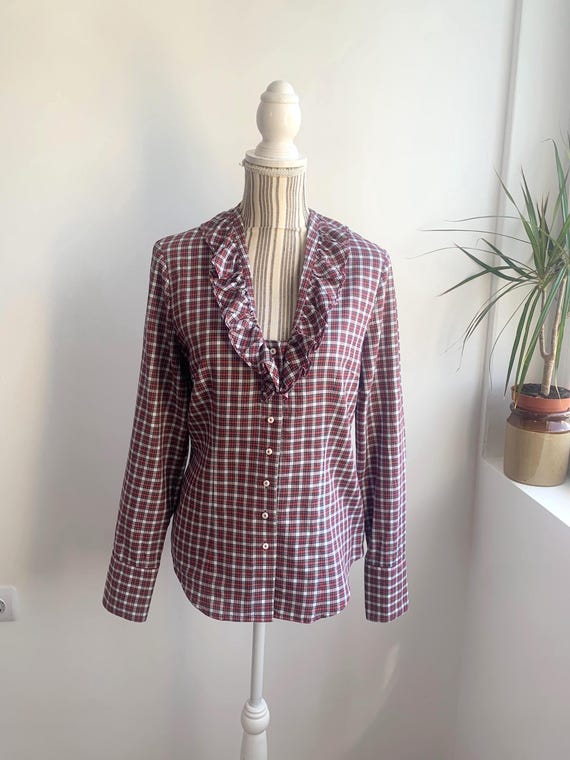 Vintage Austrian Plaid Blouse with Ruffle Neckline Size M, Navy Blue Red White 100% Cotton Trachten Shirt, Romantic Folk Style Button Up Top
