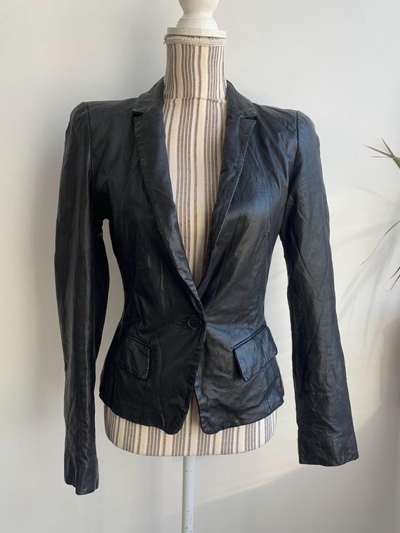 Vintage Y2K Black Leather Blazer for Women Size XS, Soft Distressed Leather V Neck Blazer, Leather Cropped Coat, Fitted Real Leather Jacket