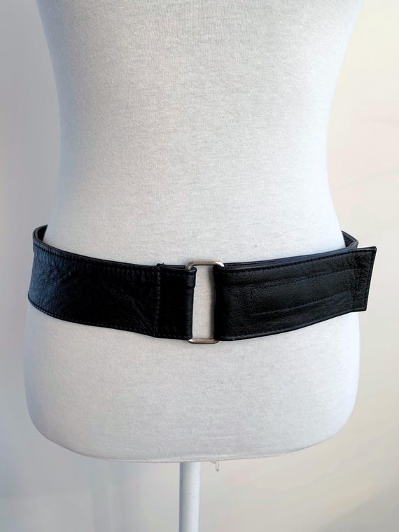 Vintage 90s Soft Real Leather Waist Belt for Women 80 cm / 31", Black Trench Coat Belt, Self Adhersive Stick On Closure, Slim Buckle