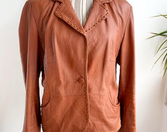 Distressed Leather Blazer for Women Size L XL, Vintage 90s Toffee Brown Leather Blazer, Single Button Blazer Jacket, Collared Leather Jacket