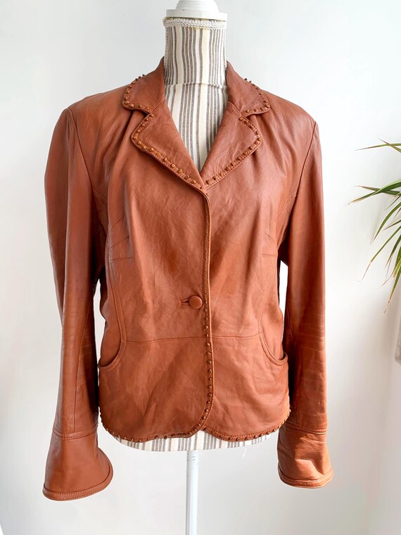 Distressed Leather Blazer for Women Size L XL, Vintage 90s Toffee Brown Leather Blazer, Single Button Blazer Jacket, Collared Leather Jacket