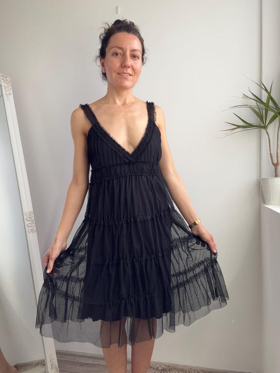 Vintage ONLY Black Tulle Tiered Dress, Sheer Mesh Babydoll Mini Dress, Romantic Gothic Fairycore Ruffle Party Dress Boho Summer Dress Size M