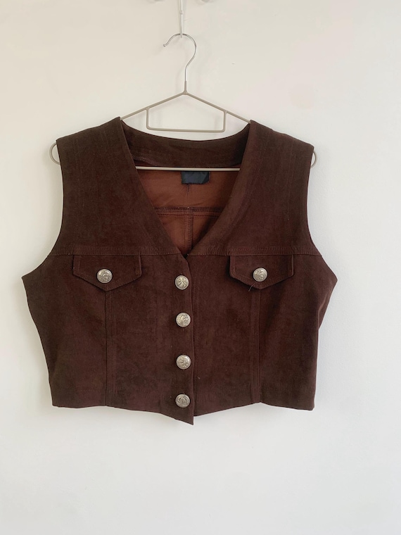 Vintage Dark Brown Cropped Vest for Women Size M L, 90s Boho Grunge Waistcoat Top, Sleeveless Cropped Blazer, Retro V Neck Button Up Vest