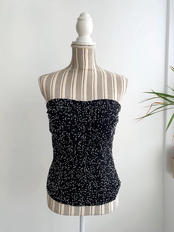 Vintage Black and White Pure Silk Bodice Crop Top Size S, Beadwork Chiffon Strapless Corset Top, Sleeveless Elegant Evening Overbust Bustier