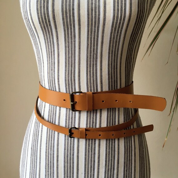 Mustard Yellow Faux Leather Double Strap Waist Cincher with Brass Buckles, Vintage Women's Vinyl Harness Hip Belt