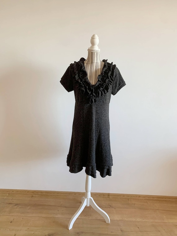 Casual Wool Dress For Women Size L, Vintage Y2K Short Sleeve Winter Wool Dress, Ruffled V Neck Wool Grey Dress, A Line Sweater Midi Dress