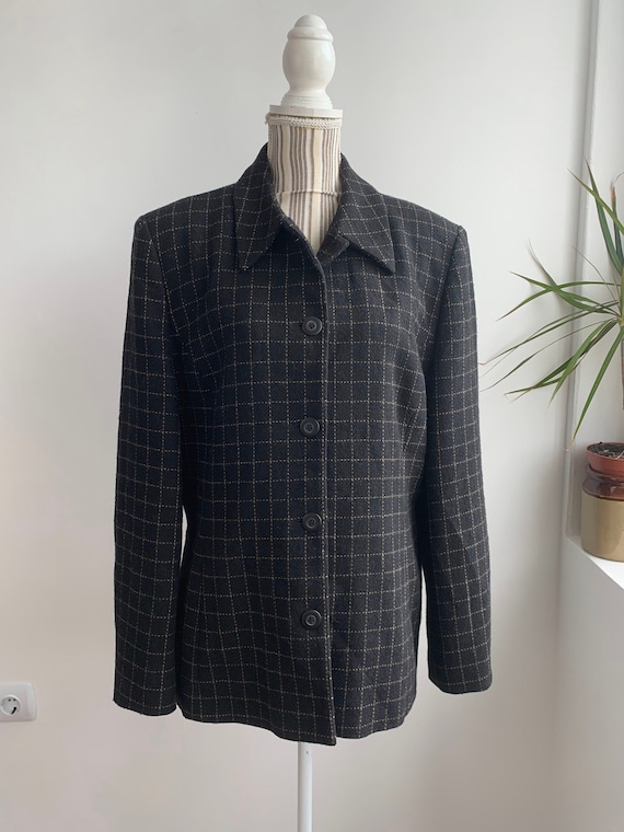 Vintage Black Tweed Blazer for Women Size L With Camel Plaid Print, Alpaca Check Wool Blazer, Collared Cropped Wool Coat, Mod Autumn Jacket