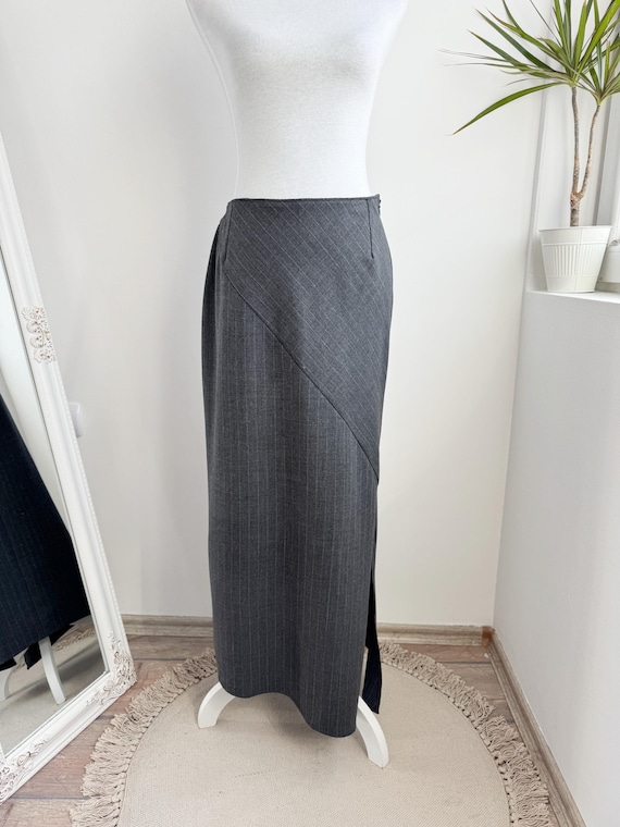 90s iBlues Pinstripe Maxi Skirt, Italian Vintage Side Slit Long Skirt, Virgin Wool Asymmetrical Wrap Style Skirt, Y2K Grey Pencil Skirt M