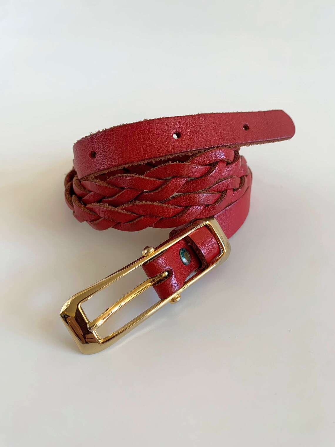 Red Leather Braided Skinny Belt Vintage 80s Slim Cinch Belt Etsy
