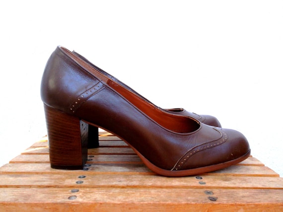Brown Leather Shoes, Wingtip Platforms, Round Toe