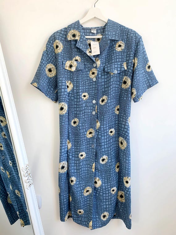 Vintage 90s Blue Silk Shirt Dress M/L, Collared Floral Midi Dress, Short Sleeve Summer Day Dress, Button Up Tie Back Boho Grunge Shirtdress