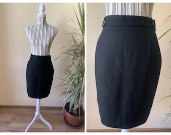Black Wool Pencil Skirt, Fitted Wiggle Skirt, Autumn Winter High Waisted Skirt, Vintage Preppy Skirt,  Knee Length Office Outfit Size S