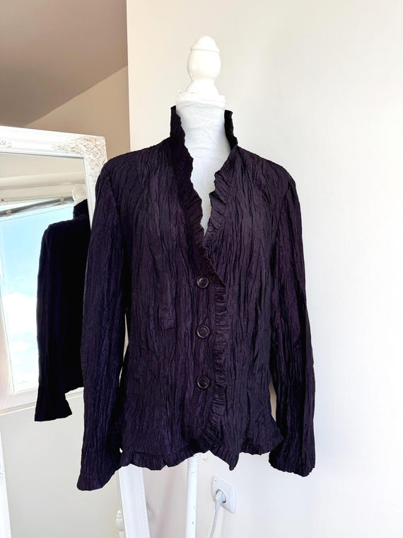 Gerry Weber Crinkle Jacket Women's EU 44 L XL, Eggplant Purple Romantic Goth Blazer, Ruffle Collar Light Unlined Jacket, 90s Y2K Crêpe Coat