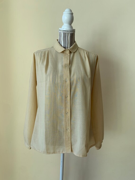 Oversized Loose Fit Button Up Shirt for Women, Pale Yellow Vintage 80s Retro Shirt, Wool Blend Collared Shirt, Relaxed Fit Boxy Shirt Size M