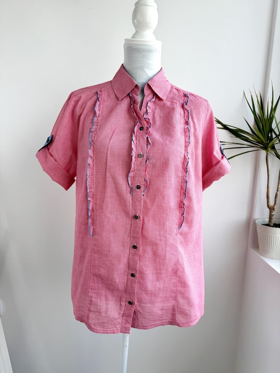 Red Gingham Ruffle Blouse, Vintage 90s Cotton Shirt, Short Sleeve Button Up Dirndl Style Top, Chambray Trim Summer Cottage Core Top Women XL