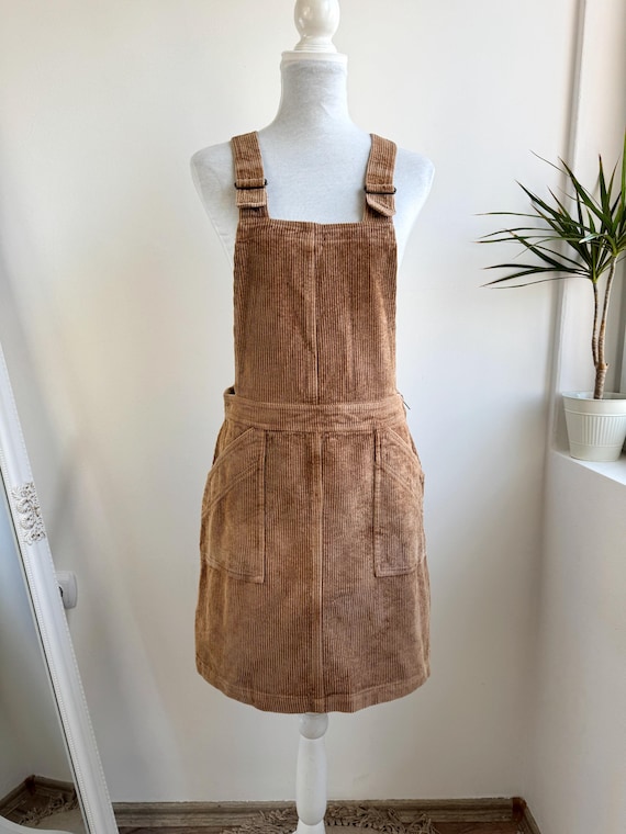 Vintage 90s Camel Brown Corduroy Overall Dress Size M, OVS Italian Pinafore Dress, Grunge Cord Jumper Dress, 100% Cotton Short Bib Skirt