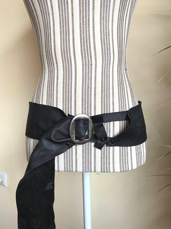 Vintage Artisan Unique Black Leather Belt, Asymmetrical Hollow Out Dystopian Wide Soft Obi Belt, Whimsigoth Accessories