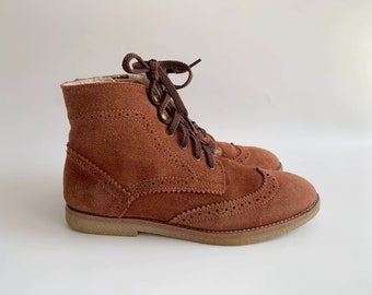 Vintage 90s Women Casual Suede Oxford Boots Size 38, UK 5, US 7, Forest Camel Brown Leather Boots, Lined Ankle Boots, Lace Up Short Boots