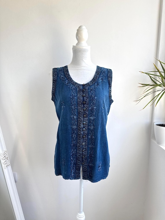 90s Boho Hippie Indian Sleeveless Floral Embroidery Top Women Size M Denim Blue Boho Festival Tie Back Belted Tank Top Summer Festival Shirt