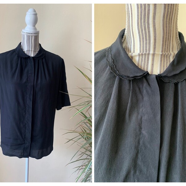 Light Black Short Sleeve Shirt for Women, Sheer Flowy Button Up Shirt, Vintage 80s Collared Button Down Top, Loose Fit Boxy Retro Blouse