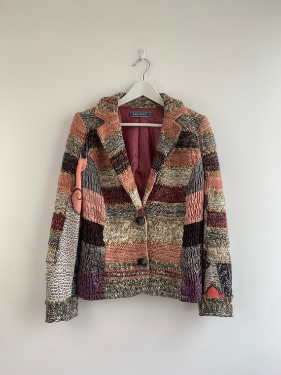 Colorful Knitted Blazer for Women Size S M, Vintage Y2K Boho Hippie Patchwork Wool Coat, Salmon Pink Burgundy Beige Short Autumn Jacket