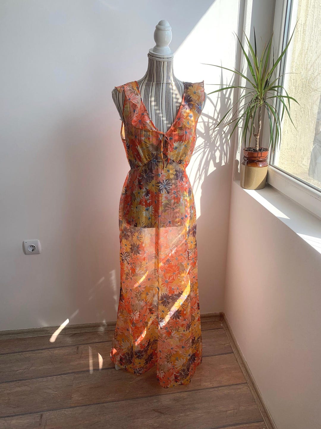 Vintage 70s Psychedelic Floral Maxi Dress, Sheer Long Vintage 70s Psychedelic Floral Maxi Dress, Sheer Long