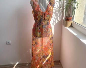 Vintage 70s Psychedelic Floral Maxi Dress, Sheer Long Overlay Dress Size L, Orange Mesh Tulle Dress, Sleeveless Tie Back Boho Hippie Dress