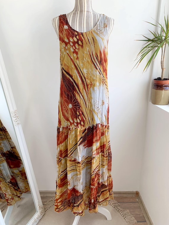 Vintage zomer maxi-jurk jaren 90 Y2K maat M bruin oranje mosterd