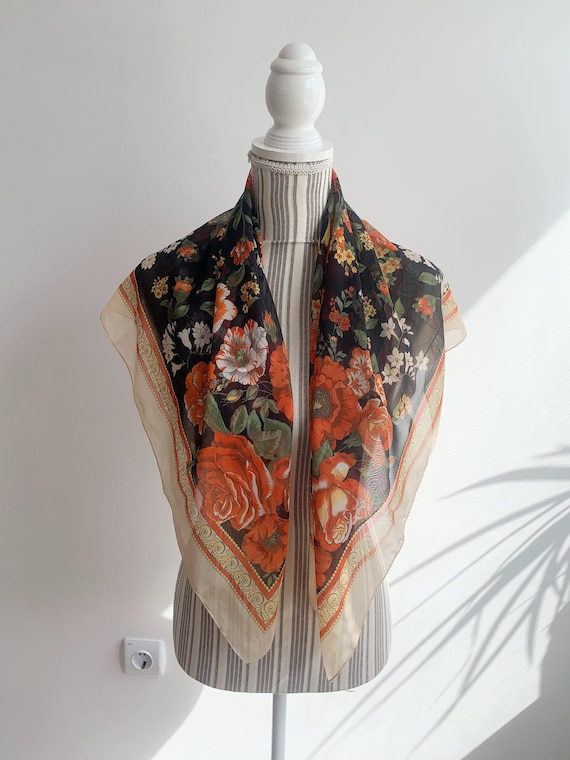 Vintage 80s Italian Sheer Floral Scarf, Babushka Style Square Neck Scarf in Orange Beige Green, Bohemian Shawl, Fashion Accessory Gift