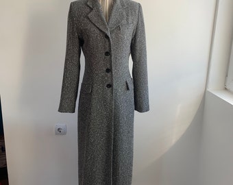 Vintage maxi manteau gris taille S M, maxi manteau bouclé classique des années 90, long manteau ajusté pour femmes, pardessus de printemps longueur cheville, manteau décontracté fente au dos