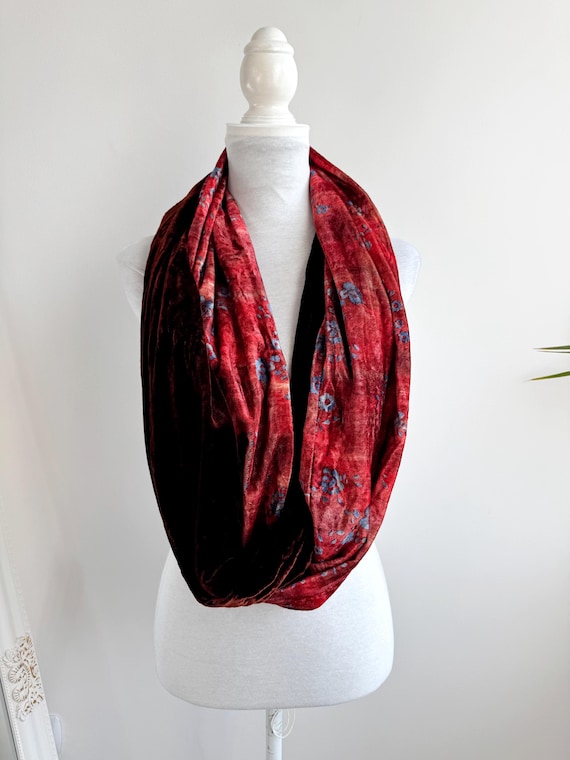 Vintage Velvet Infinity Scarf, Burgundy Red Floral and Rust Brown Loop Scarf, Bohemian Velour Snood, Luxury Winter Gift for Her, Shawl Wrap